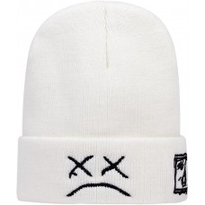Lil Peep Beanie Hat for Men Women with Sad Face Cuffed Plain Skull Knit Cap, White, White, One Size