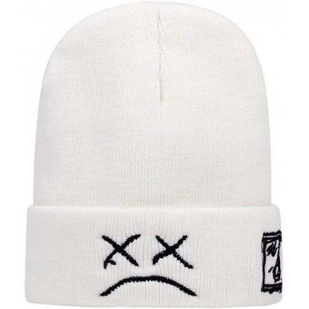 Lil Peep Beanie Hat for Men Women with Sad Face Cuffed Plain Skull Knit Cap, White, White, One Size
